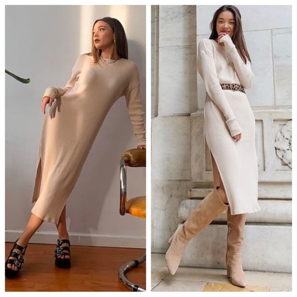 Lett clothing de gaulle cream knit slit leg ribbed knit midi dress 20318 - Picture 1 of 16